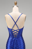 Royal Blue Beaded Mermaid Spaghetti Straps Corset Long Prom Dress with Slit