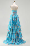 Pink Strapless A-line Corset Bodice Floral Prom Dress with Chiffon Ruffle Skirt
