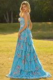 Strapless A-Line Dark Blue Basque Waist Corset Long Floral Prom Dress with Ruffles