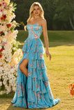 Strapless A-Line Dark Blue Basque Waist Corset Long Floral Prom Dress with Ruffles