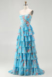 Yellow Strapless A-line Corset Bodice Floral Long Prom Dress with Chiffon Ruffle Skirt