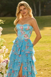 Strapless A-Line Dark Blue Basque Waist Corset Long Floral Prom Dress with Ruffles