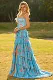 Strapless A-Line Dark Blue Basque Waist Corset Long Floral Prom Dress with Ruffles