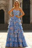 Blue Strapless A Line Corset Tiered Ruffle Long Floral Prom Dress with Slit