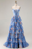 Dark Blue Floral Strapless A Line Long Corset Formal Dress with Ruffles