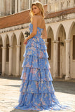 Dark Blue Floral Strapless A Line Long Corset Formal Dress with Ruffles
