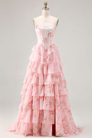 Pink Floral Strapless A Line Long Corset Formal Dress with Tiered Ruffle