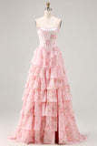 Pink Strapless A-line Corset Bodice Floral Prom Dress with Chiffon Ruffle Skirt