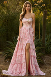 Strapless Pink A Line Tiered Ruffle Floral Corset Long Prom Dress with Slit