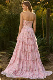 Strapless A-Line Dark Blue Basque Waist Corset Long Floral Prom Dress with Ruffles