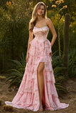 Strapless A-Line Dark Blue Basque Waist Corset Long Floral Prom Dress with Ruffles