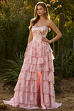 Strapless A-Line Dark Blue Basque Waist Corset Long Floral Prom Dress with Ruffles