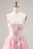 Pink Strapless A-line Corset Bodice Floral Prom Dress with Chiffon Ruffle Skirt