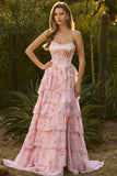Strapless Pink A Line Tiered Ruffle Floral Corset Long Prom Dress with Slit