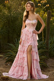 Strapless A-Line Dark Blue Basque Waist Corset Long Floral Prom Dress with Ruffles
