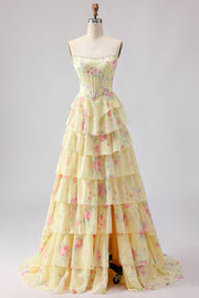 Yellow Floral Corset A Line Tiered Ruffled Long Formal Dress with Slit