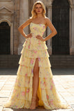 Strapless A-Line Dark Blue Basque Waist Corset Long Floral Prom Dress with Ruffles
