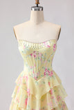 Pink Strapless A-line Corset Bodice Floral Prom Dress with Chiffon Ruffle Skirt