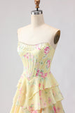 Pink Strapless A-line Corset Bodice Floral Prom Dress with Chiffon Ruffle Skirt