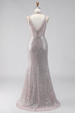 Silver Sequins Mermaid Slit V-Neck Long Formal Dress