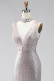 Silver Sequins Mermaid Slit V-Neck Long Formal Dress