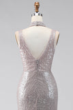 Silver Sequins Mermaid Slit V-Neck Long Formal Dress