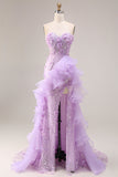 Sparkly Lilac Sweetheart Ruffled Sheath Side Slit Long Prom Dress with 3D Flowers