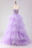 Princess Strapless Purple Corset Pearls Long Prom Dress with Ruffles
