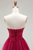 Fuchsia Strapless A Line Appliqued Corset Tiered Ruffle Long Prom Dress with Slit