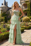 Green Floral A Line Corset Tiered Ruffled Tulle Long Formal Dress with Slit