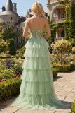 Green Floral A Line Corset Tiered Ruffled Tulle Long Formal Dress with Slit