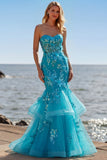 Blue Mermaid Strapless Sequins Corset Ruffled Long Prom Dress with Lace Up Back