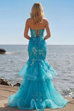 Blue Mermaid Strapless Sequins Corset Ruffled Long Prom Dress with Lace Up Back