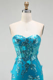 Blue Mermaid Strapless Sequins Corset Ruffled Long Prom Dress with Lace Up Back