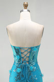 Blue Mermaid Strapless Sequins Corset Ruffled Long Prom Dress with Lace Up Back