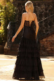 Black Mermaid Tiered Ruffle Sweetheart Ruched Long Prom Dress with Slit