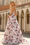 White Red Flower Strapless A-Line Basque Waist Long Prom Dress with Slit