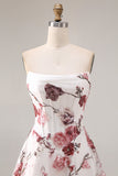 White Red Flower Strapless A-Line Basque Waist Long Prom Dress with Slit