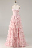 Strapless Pink A Line Tiered Ruffle Corset Floral Long Prom Dress with Slit