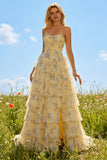 Strapless Yellow Blue Flower A Line Tiered Ruffle Corset Long Prom Dress with Slit