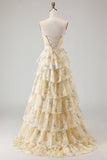 Strapless Yellow Blue Flower A Line Tiered Ruffle Corset Long Prom Dress with Slit