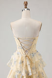 Strapless Yellow Blue Flower A Line Tiered Ruffle Corset Long Prom Dress with Slit