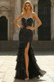 Black White Dot Tiered Ruffle Sweetheart Mermaid Long Prom Dress with Slit