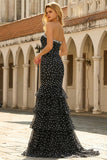 Black White Dot Tiered Ruffle Sweetheart Mermaid Long Prom Dress with Slit