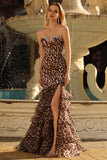 Sparkly Coffee Leopard Printed Sweetheart Tiered Ruffles Maxi Formal Dress with Slit