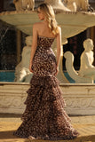 Sparkly Coffee Leopard Printed Sweetheart Tiered Ruffles Maxi Formal Dress with Slit