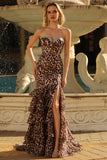 Sparkly Coffee Leopard Printed Sweetheart Tiered Ruffles Maxi Formal Dress with Slit