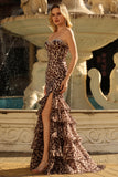 Sparkly Coffee Leopard Printed Sweetheart Tiered Ruffles Maxi Formal Dress with Slit