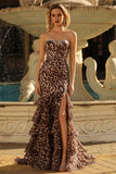 Sparkly Coffee Leopard Printed Sweetheart Tiered Ruffles Maxi Formal Dress with Slit