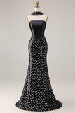 Black White Dots Mermaid Satin Prom Dress with a Neck Scarf